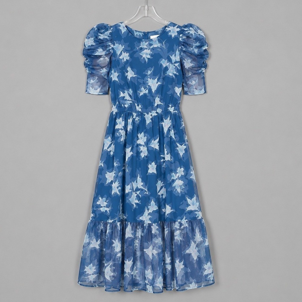 Destination 365 Midi Dress Womens Large Petite LP Indigo Floral Chiffon A614504